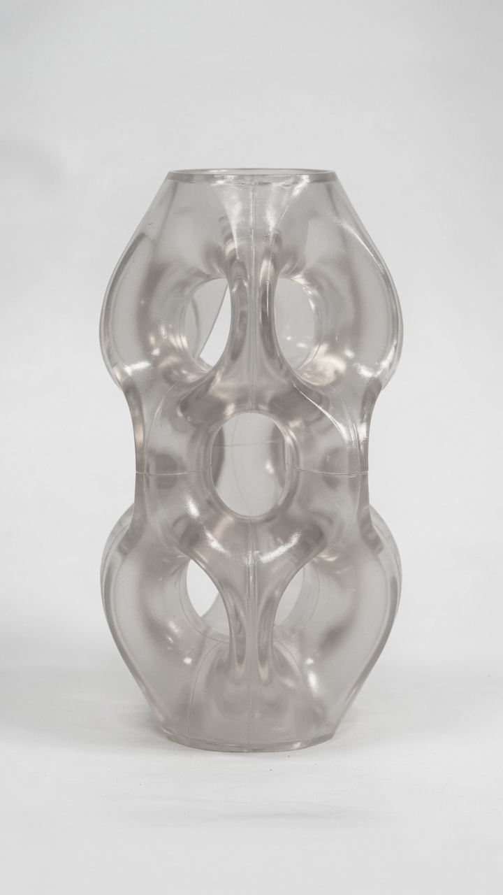 A modern, abstract glass sculpture with an organic, fluid shape and multiple circular openings.