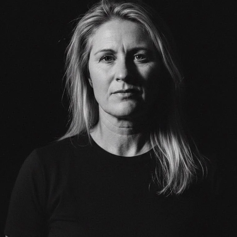 Black and white close-up portrait of a woman with long blonde hair, wearing a black top, with shadows on one side of her face.