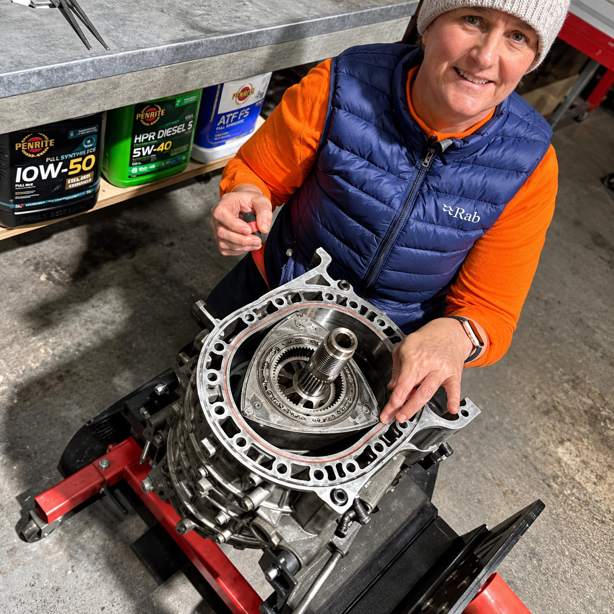 A woman in a blue puffer vest and beige knit hat working on an automotive engine in a workshop, with engine oil bottles in the background.