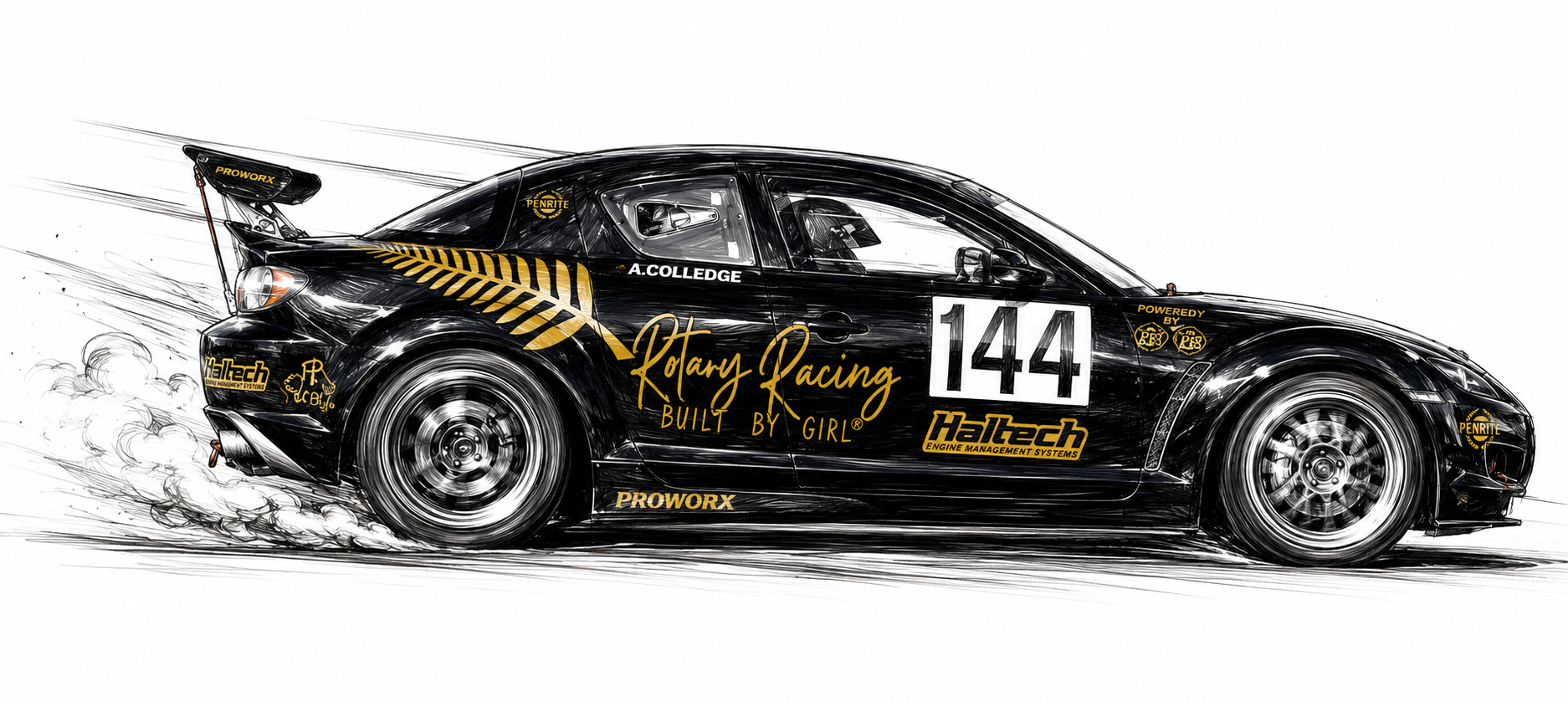 An illustration of a black race car adorned with new age racing decals, sponsorship logos, and the text "Rotary Racing Built by Girl". The car is depicted in a motion blur, emphasizing speed, with smoke coming from the rear tires.