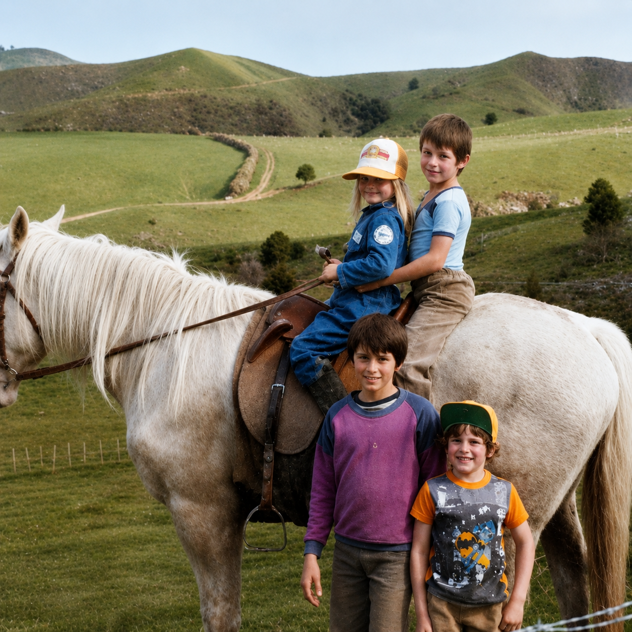 Four children with light skin enjoying a day outdoors. Two are sitting on a white horse, one girl with blonde hair wearing a yellow and white cap and blue jumpsuit, and a boy with brown hair in a blue t-shirt and beige pants. Two boys stand beside the horse, one with dark hair in a purple and blue sweatshirt, and another with curly hair wearing a gray and orange shirt with a green cap. The background features green rolling hills and a partly cloudy sky.