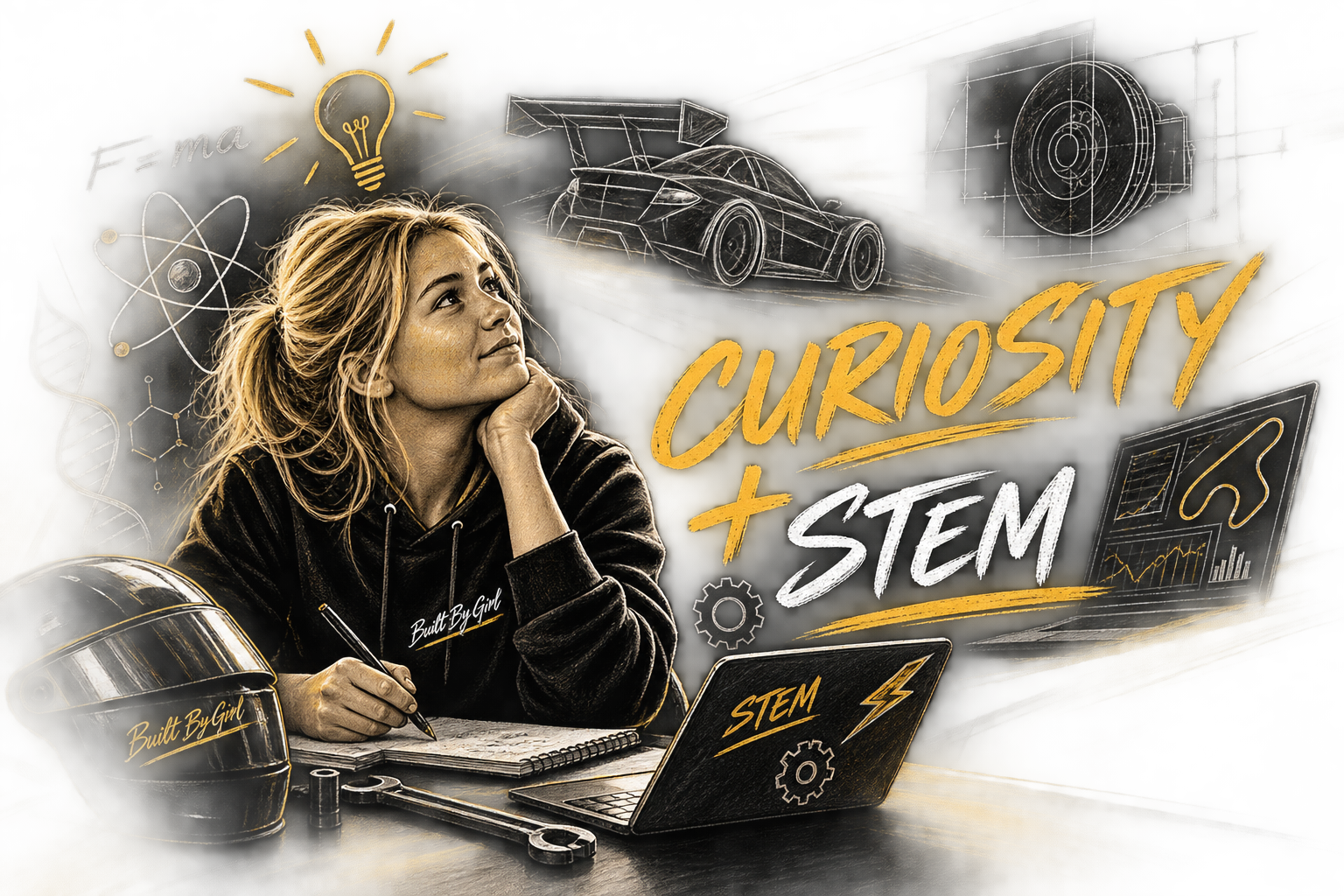 A woman is sitting at a desk, resting her head on her hand, looking thoughtfully upward. There are sketches of a car and mechanical parts, as well as scientific formulas and DNA strands around her. She is wearing a hoodie that says 'Built By Girl,' and there is a helmet and tools on the desk. The background features the words 'Curiosity + STEM' in large, stylized text.