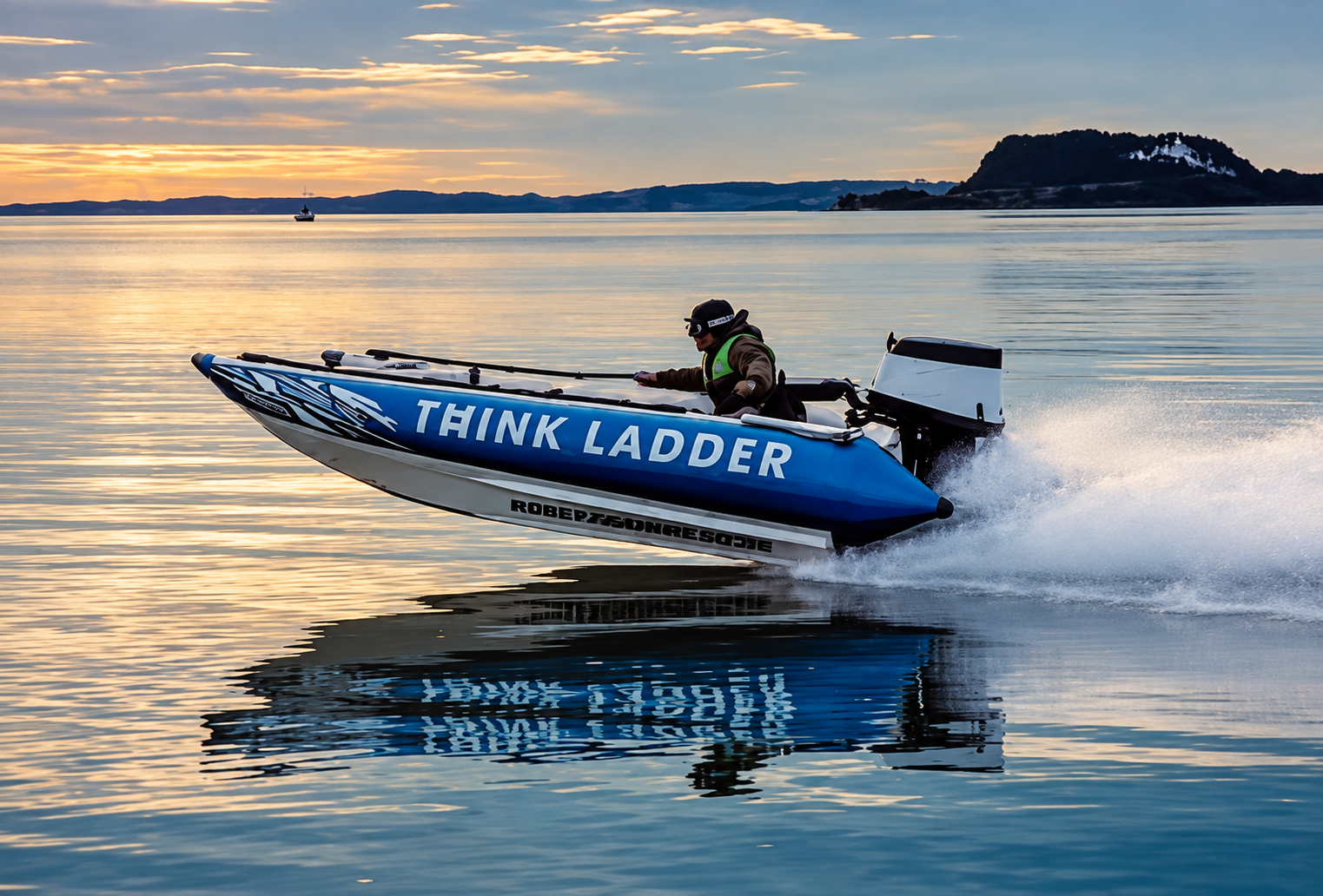 A person operating a speedboat with the words "THINK LADDER" on it, speeding across a calm body of water during sunset, with islands and a small boat in the background.