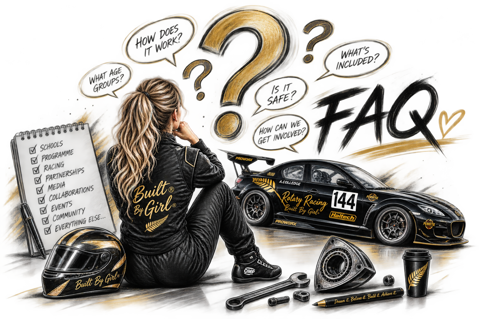 A woman sits on the ground in a racing suit with the words "Built By Girl." She is surrounded by car racing memorabilia, including a race car with the number 144, a helmet with similar branding, a wrench, a gimbal, a pen with the message "Dream It. Believe It. Build It. Achieve It," and a coffee cup. There is a checklist on a stand listing activities like schools, programs, racing, partnerships, media, collaborations, events, community, and other. The background features a wall with large question marks and speech bubbles asking questions about how something works, what's included, how to get involved, if it is safe, and what age groups it’s for. The scene emphasizes women’s involvement in car racing and STEM activities.