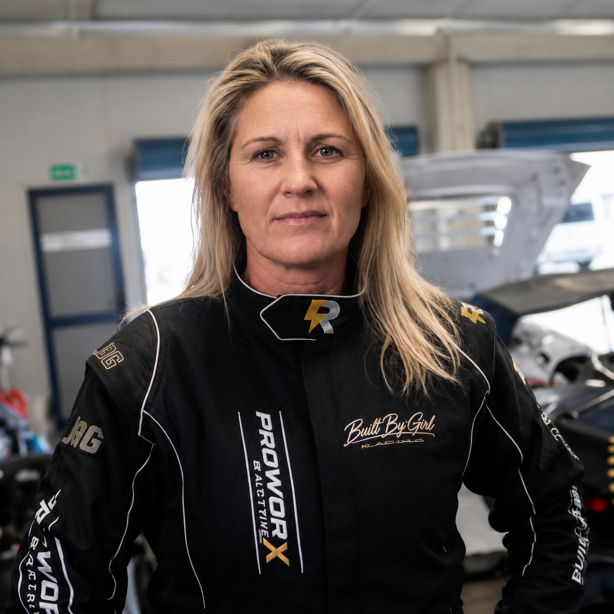A woman racing driver with blonde hair wearing a black racing suit with logos, standing in a garage with race cars and equipment in the background.