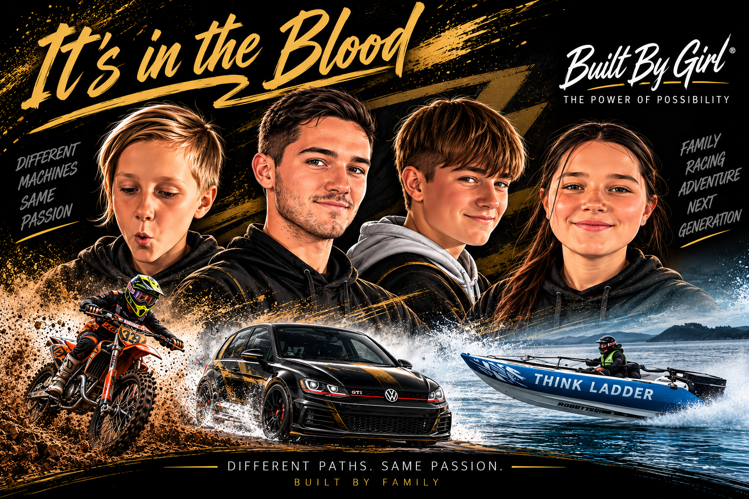 A promotional poster for Built By Girl featuring four young people with diverse interests, racing, off-road biking, driving a sports car, and kayaking, with the tagline 'It's in the Blood' and the phrase 'Different paths. Same passion.'