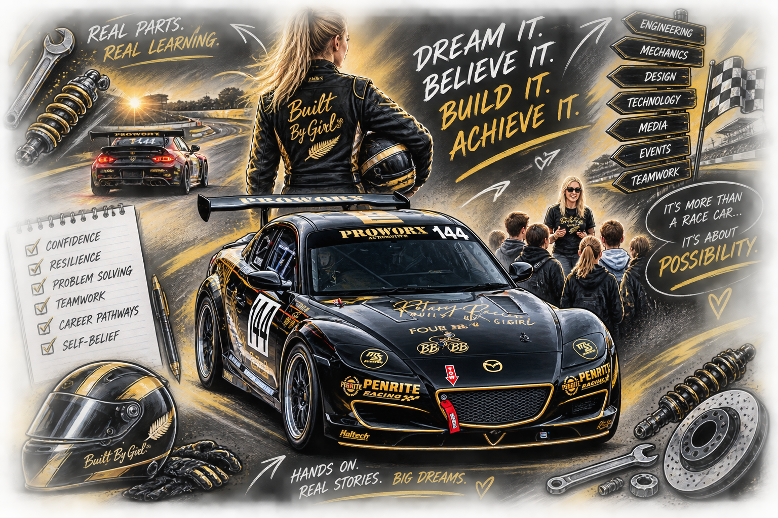A promotional poster for racing and engineering, featuring a race car, racing gear, and a group of young women at a racetrack. The poster highlights themes of confidence, resilience, problem solving, teamwork, career pathways, and self-belief.