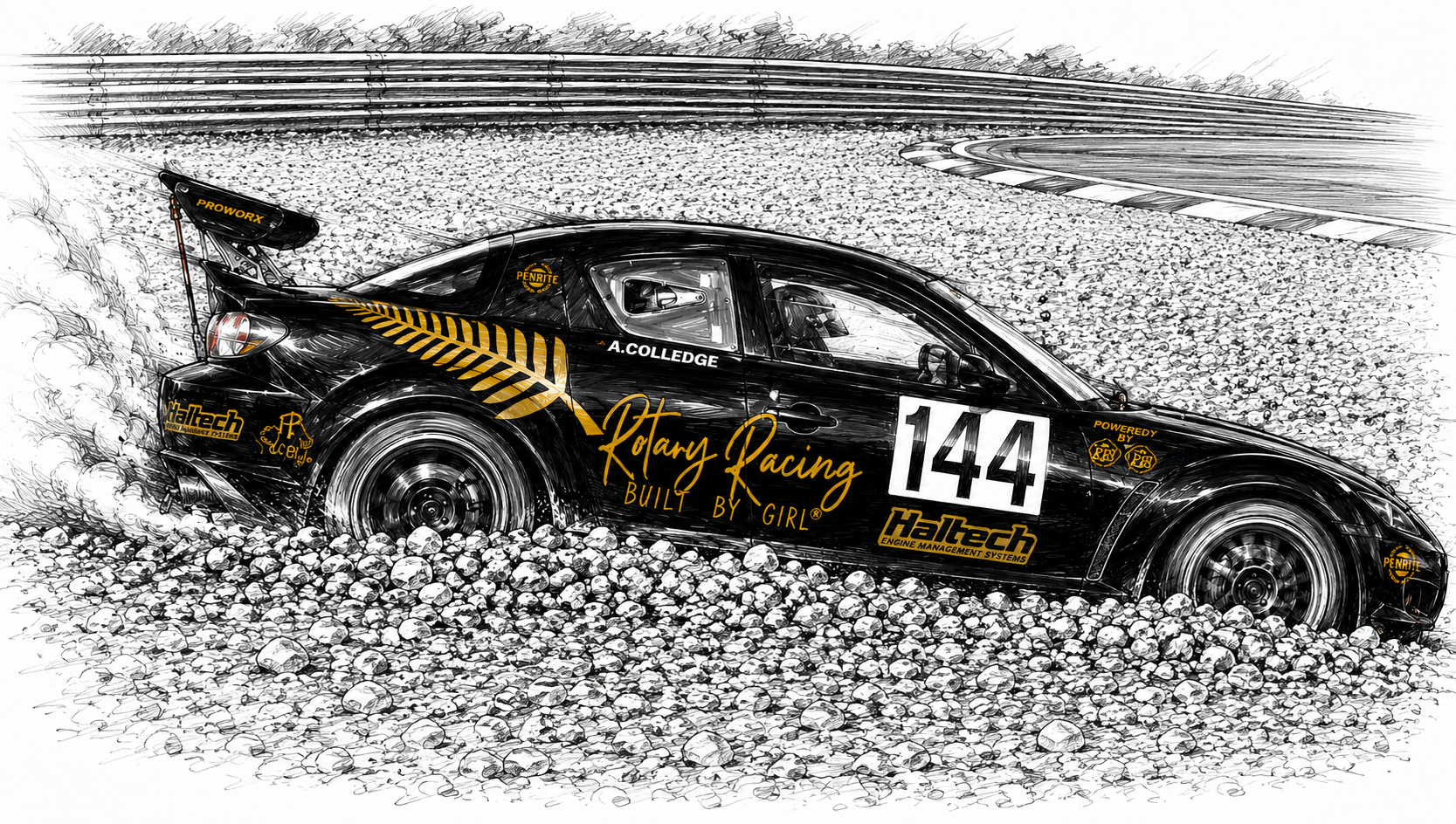 A black race car with yellow decals and the number 144 on its side is stuck in gravel on a racetrack, with smoke near the rear wheel, and a safety barrier in the background.