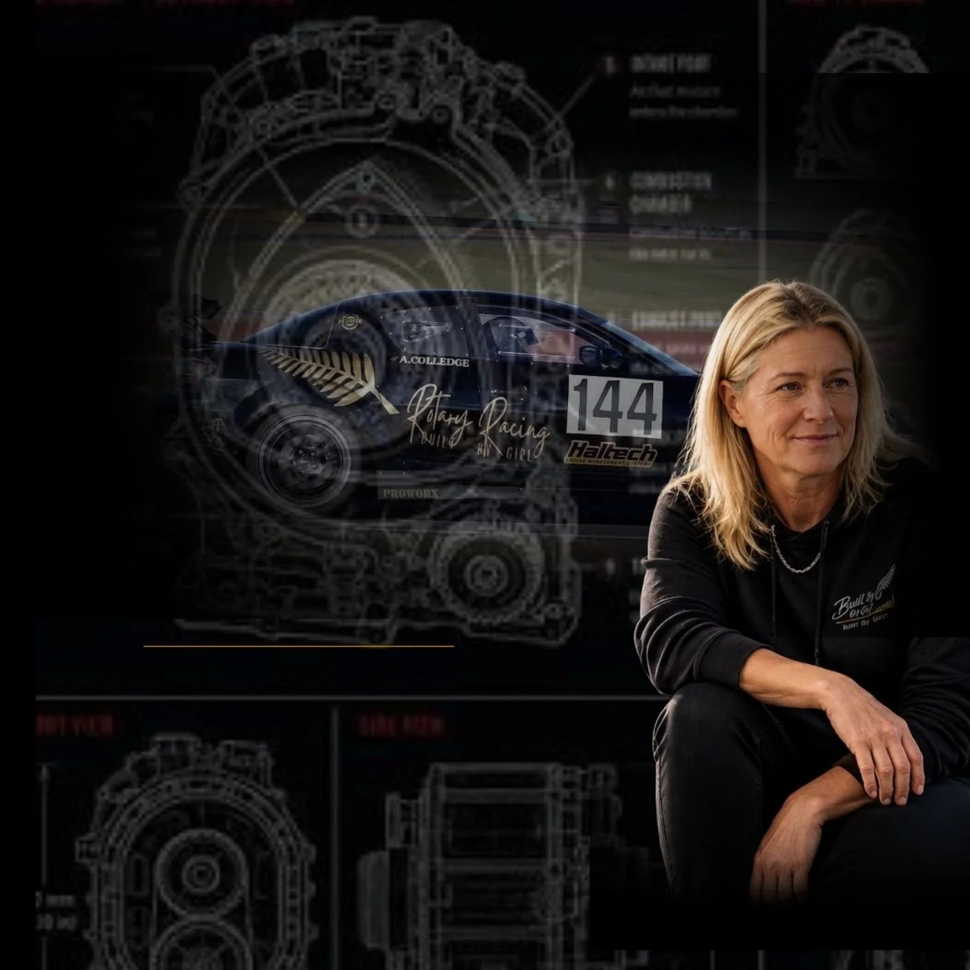 A woman with blonde hair sits in front of a background featuring technical drawings of a race car. The car has sponsorship logos and the number 144, with the name 'A. COLLEDGE' visible. The woman is wearing a black top with a logo and is smiling softly.