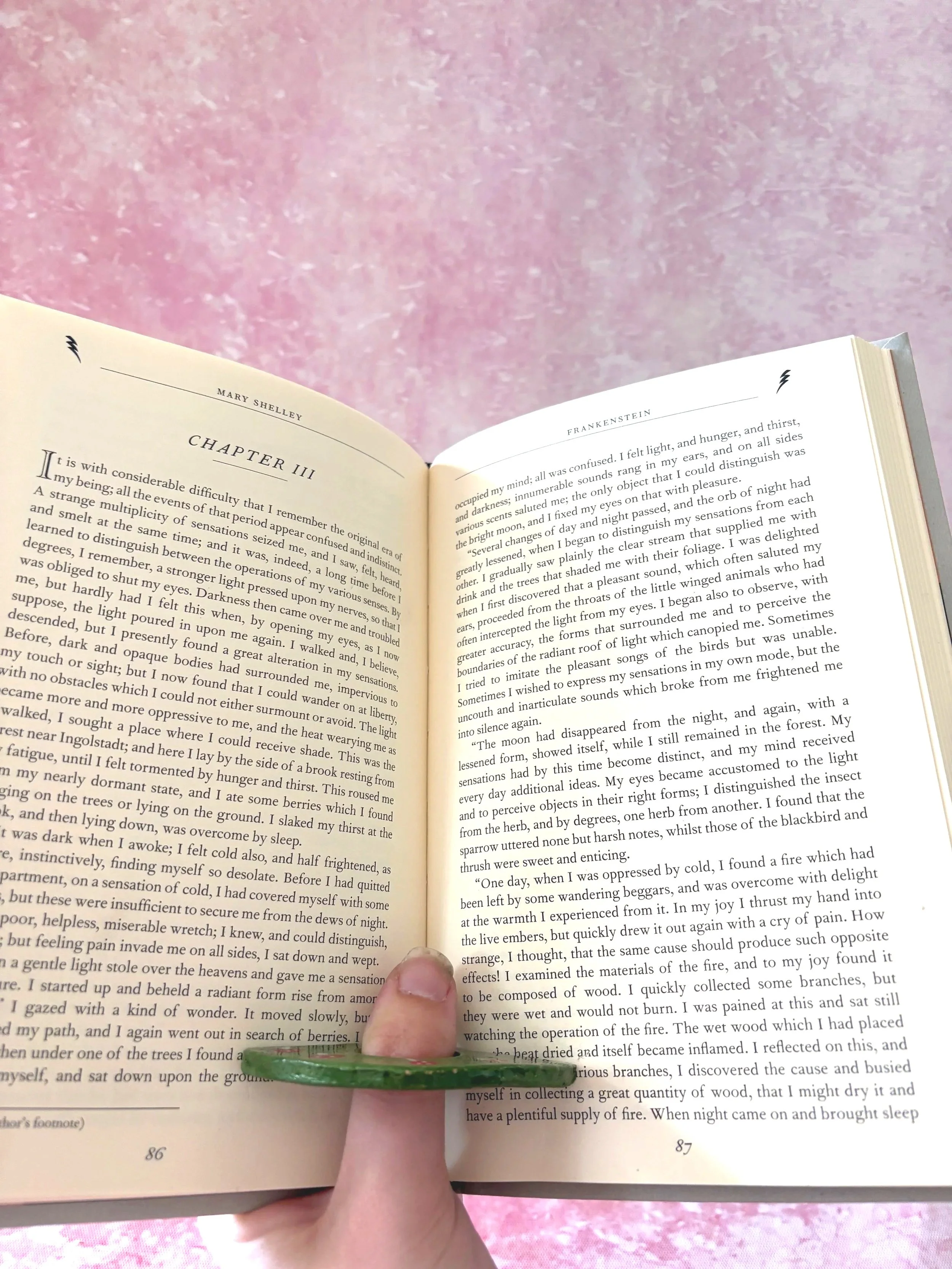 Magical mushroom patterned page holder in use, holding a book open.
