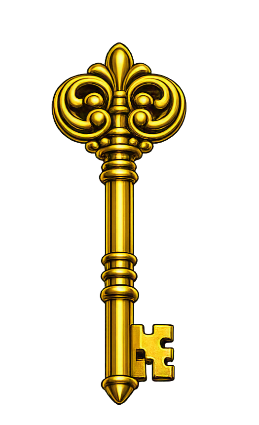 Gold decorative key with an ornate top and a classic blade design.