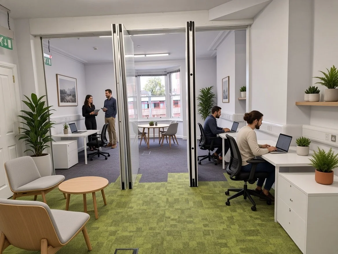 Modern office space with four employees working on laptops, two people talking near the window, and colorful indoor plants.