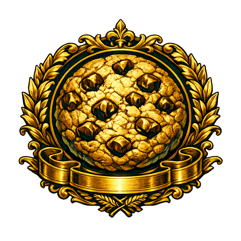 A stylized emblem featuring a large cookie with chocolate chunks, surrounded by a gold decorative laurel wreath and a gold ribbon at the bottom.