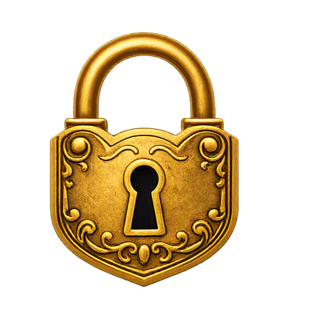 A gold-colored padlock with decorative engravings and a keyhole in the center.