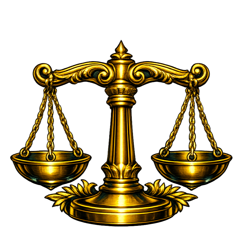 A golden scale of justice with an ornate base and hanging balance pans.