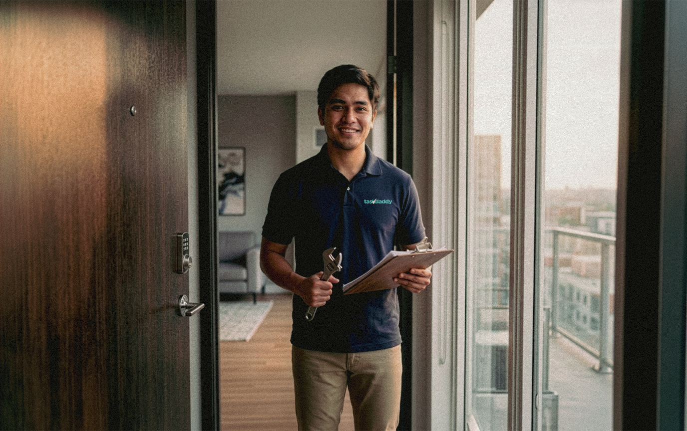 A smiling technician holding a wrench and clipboard standing in front of an open apartment door with a balcony in the background.