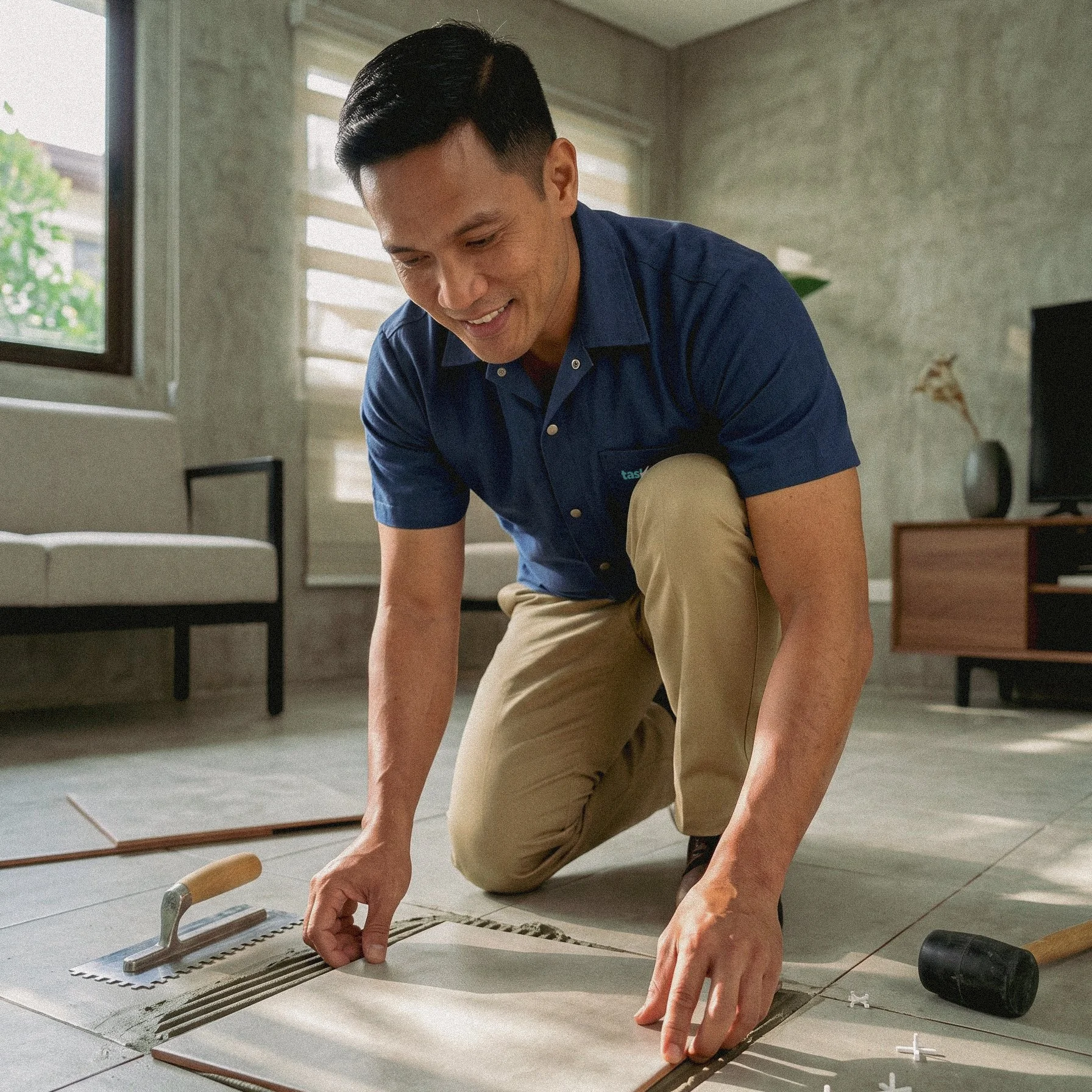 A man kneeling on the floor measuring and planning a tile installation in a room with large windows and a textured wall.