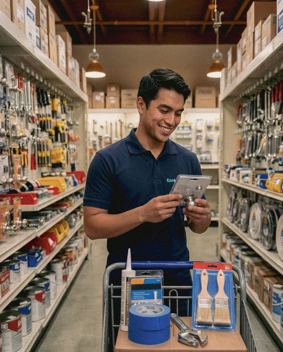 A young man shopping in a hardware store, looking at a mobile device while standing next to a shopping cart filled with paintbrushes, painter's tape, and other painting supplies, with shelves filled with tools and hardware items in the background.