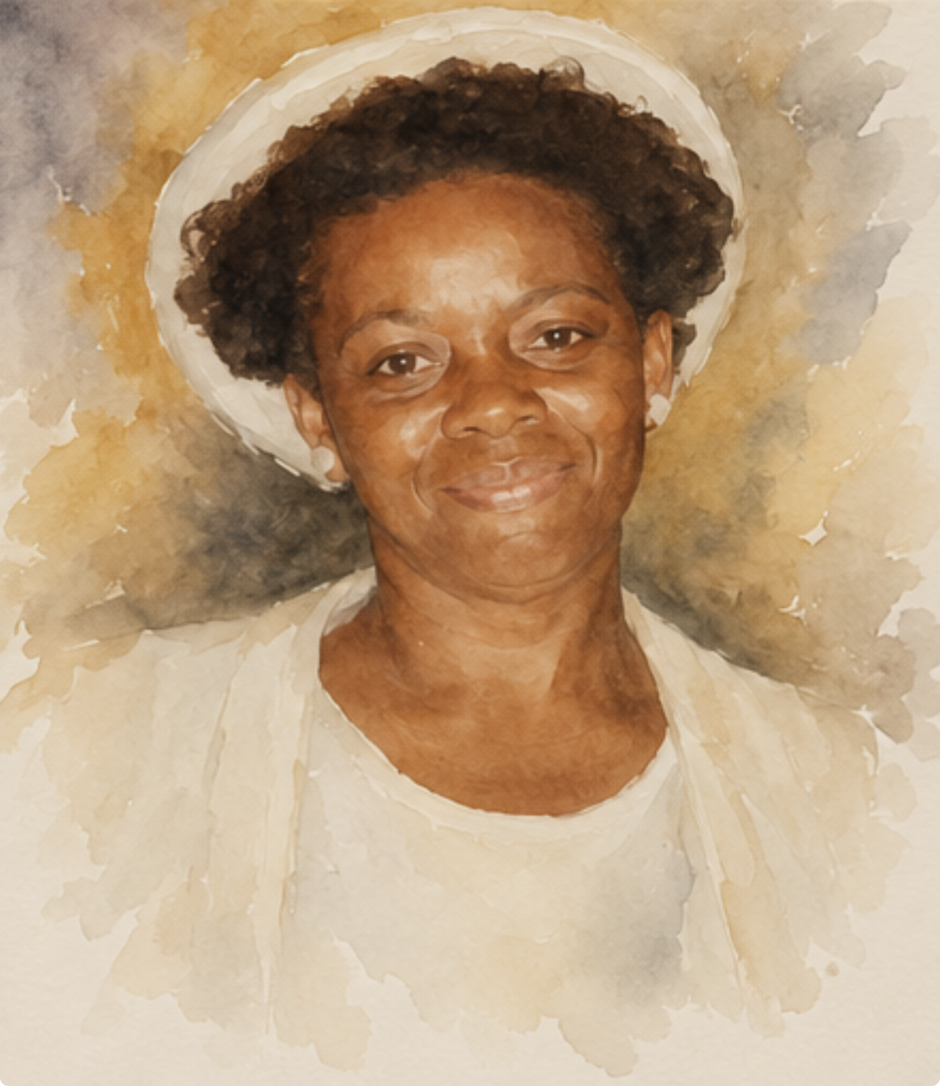 A woman with short curly hair lying on her back, wearing a white hat and cream-colored clothing, with a gentle smile.