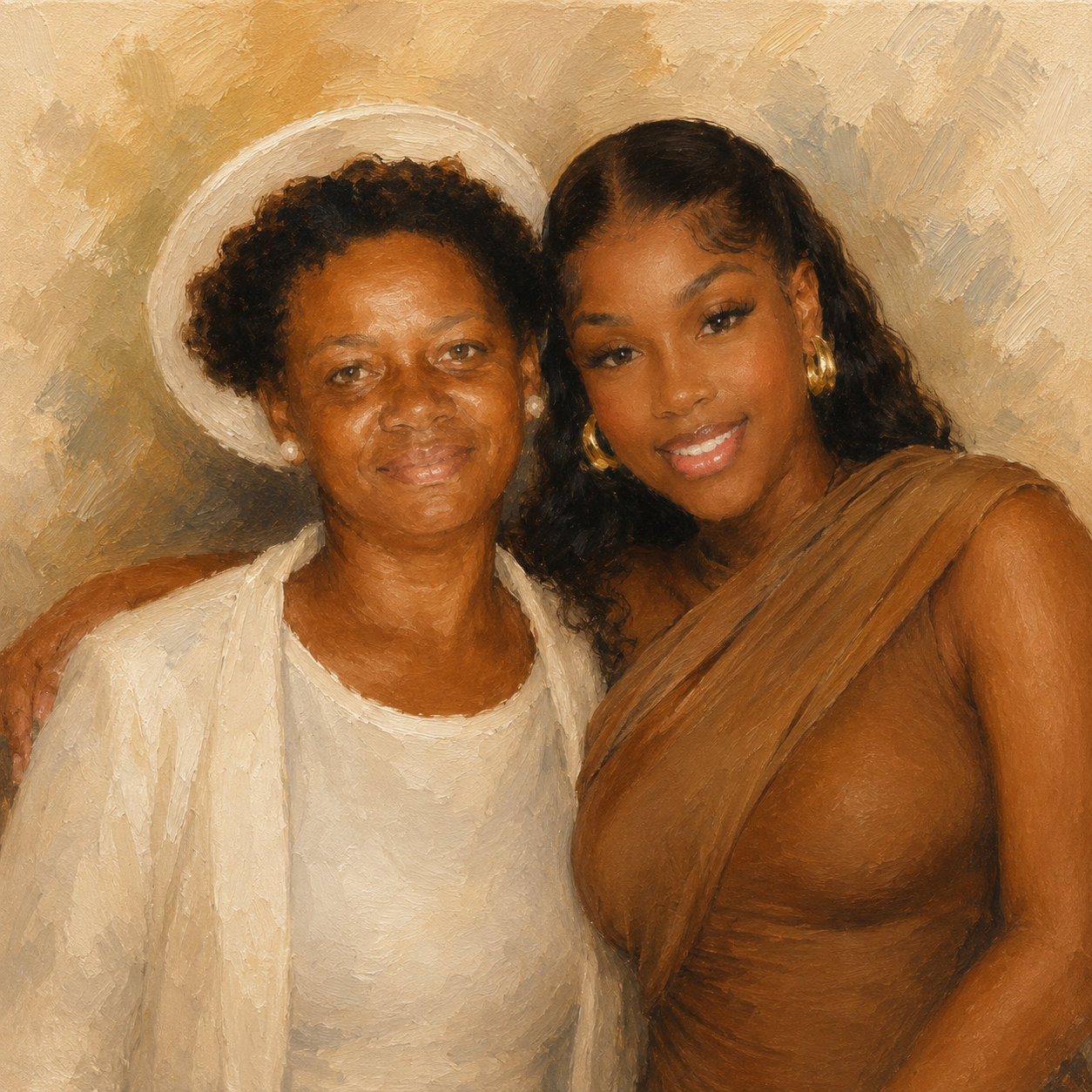 Painting of two women smiling, one older with short curly hair wearing a white hat and dress, and one younger with long curly hair wearing gold hoop earrings and a brown dress.