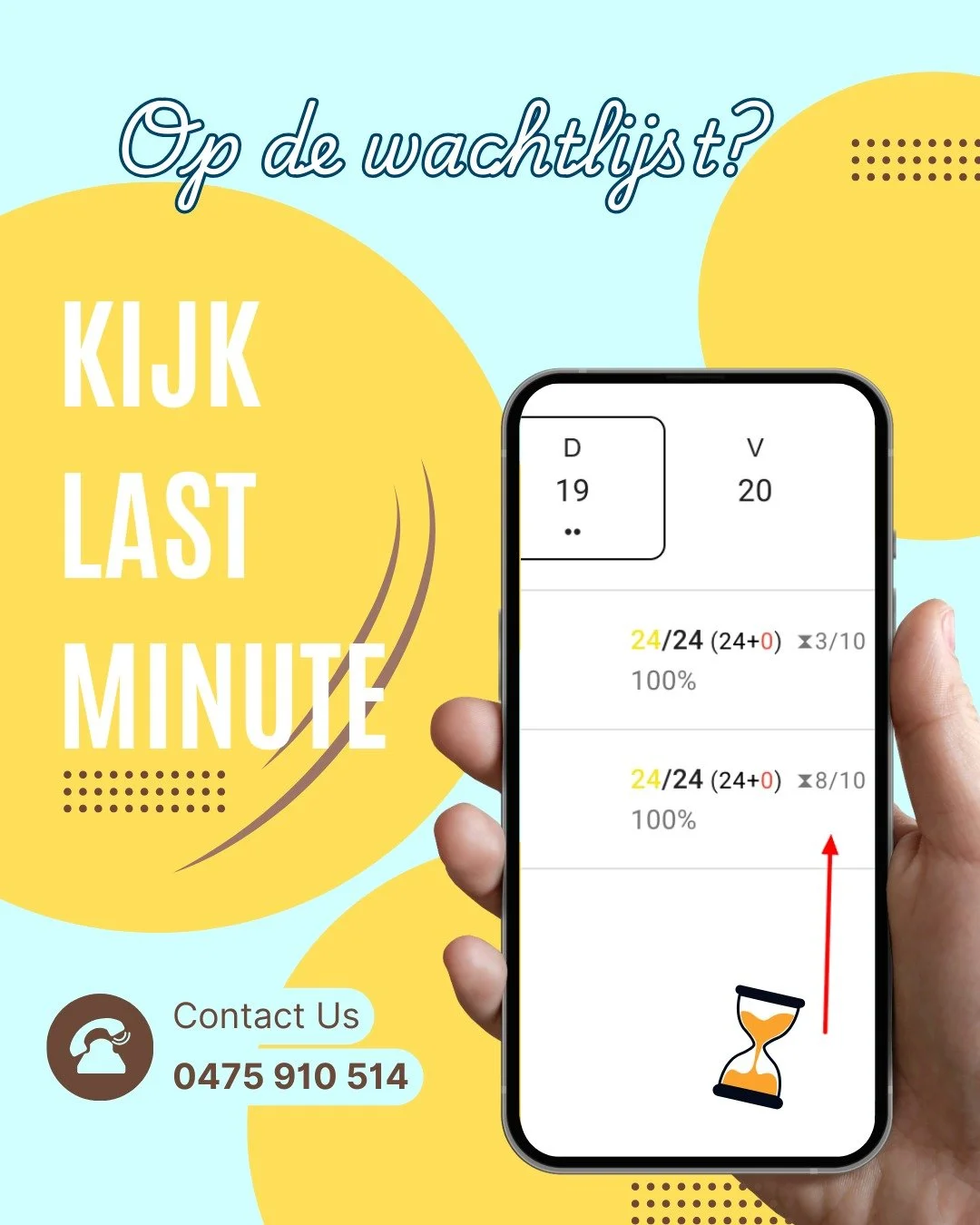 Op de wachtlijst beland?
Geen zorgen! 
Last minute komen vaak verschillende plaatsen vrij. 
Zeker de moeite dus om de dag zelf opnieuw in te loggen en je kans te wagen!