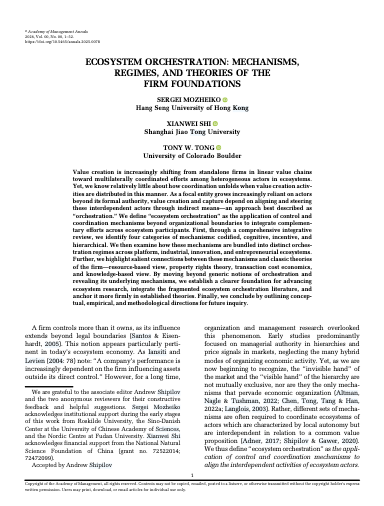 Document titled 'Ecosystem Orchestration: Mechanisms, Regimes, and Theories of the Firm Foundations' by Sergei Mozheiko et al.