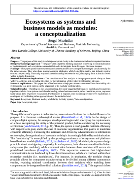 Cover page of an academic paper titled 'Ecosystems as systems and business models as modules: a conceptualization,' authored by Sergei Mozheiko