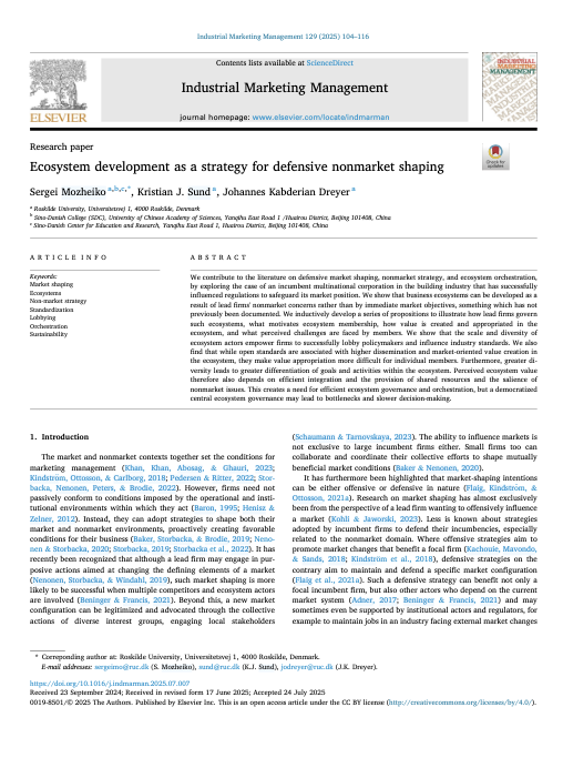 A journal cover page titled 'Industrial Marketing Management' with authors Sergei Mozheiko, Kristian J. Sund, and Johannes Kabderian Dreyer. Contains a research paper abstract and keywords related to marketing strategies.