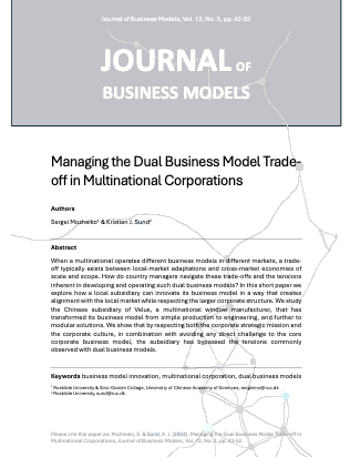 Cover page of the Journal of Business Models featuring an article on managing dual business models in multinational corporations.