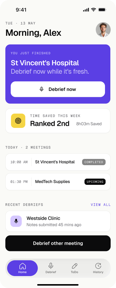 Debrief sales representative home dashboard preview