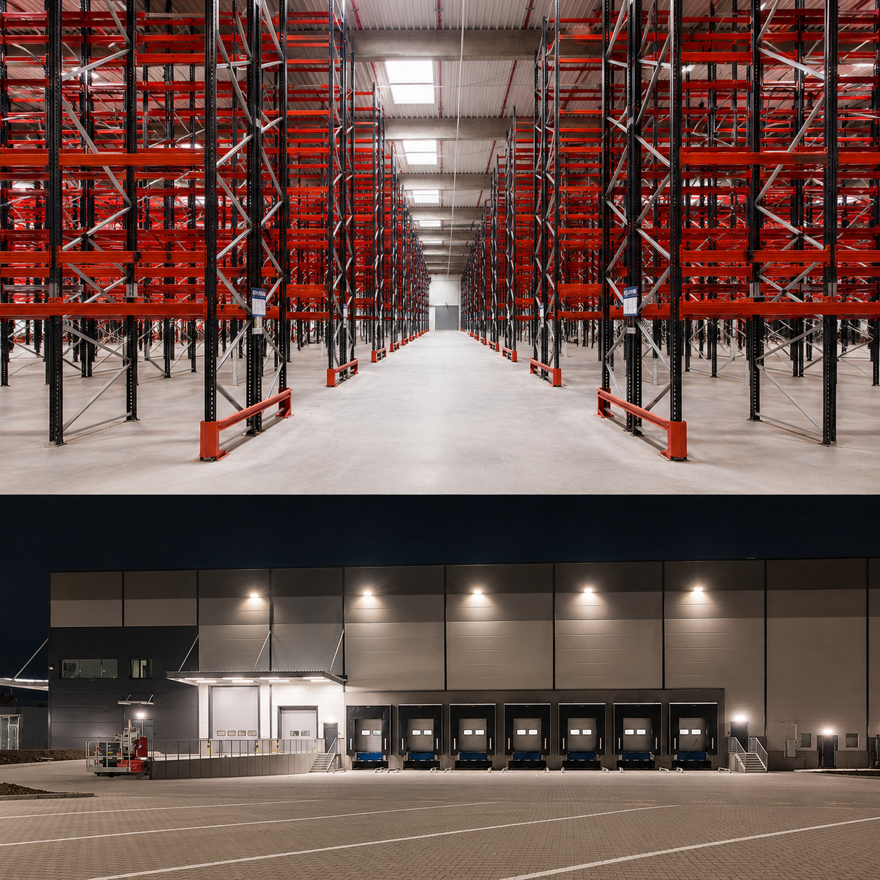 Warehouse interior with tall steel shelves, empty and organized, and a warehouse exterior with loading docks and trucks at night.