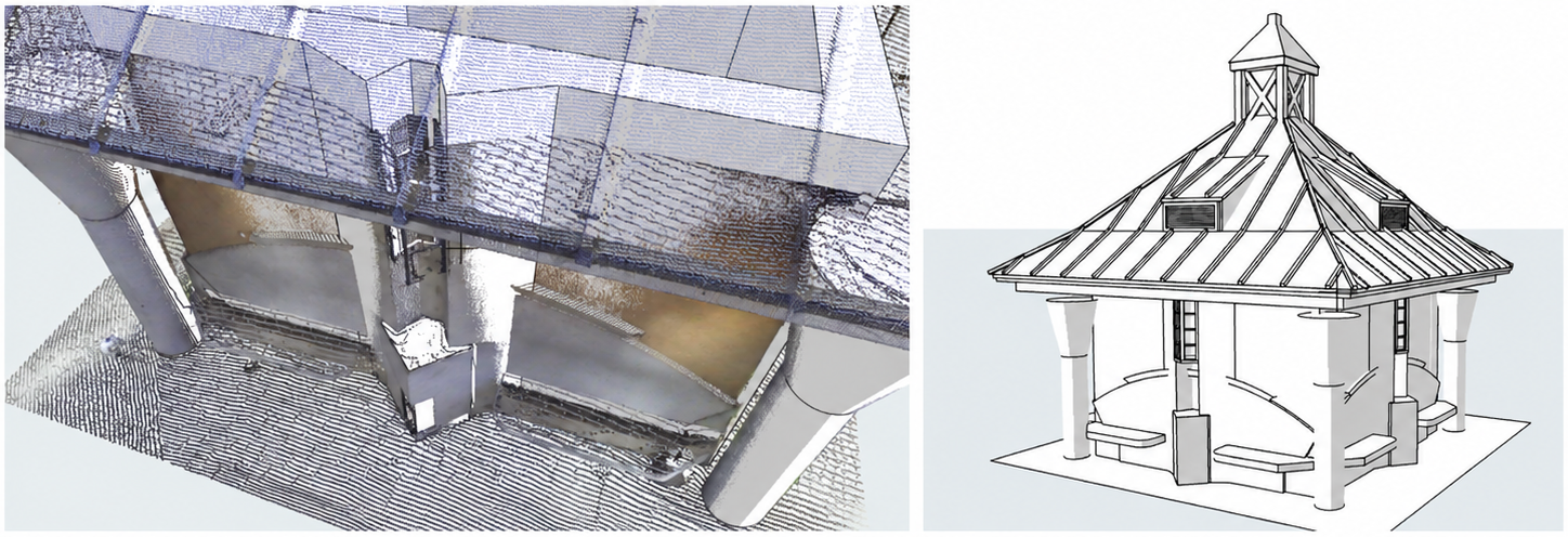 3D architectural models of a gazebo, shown in a digital drawing on the right and a 3D scan on the left.