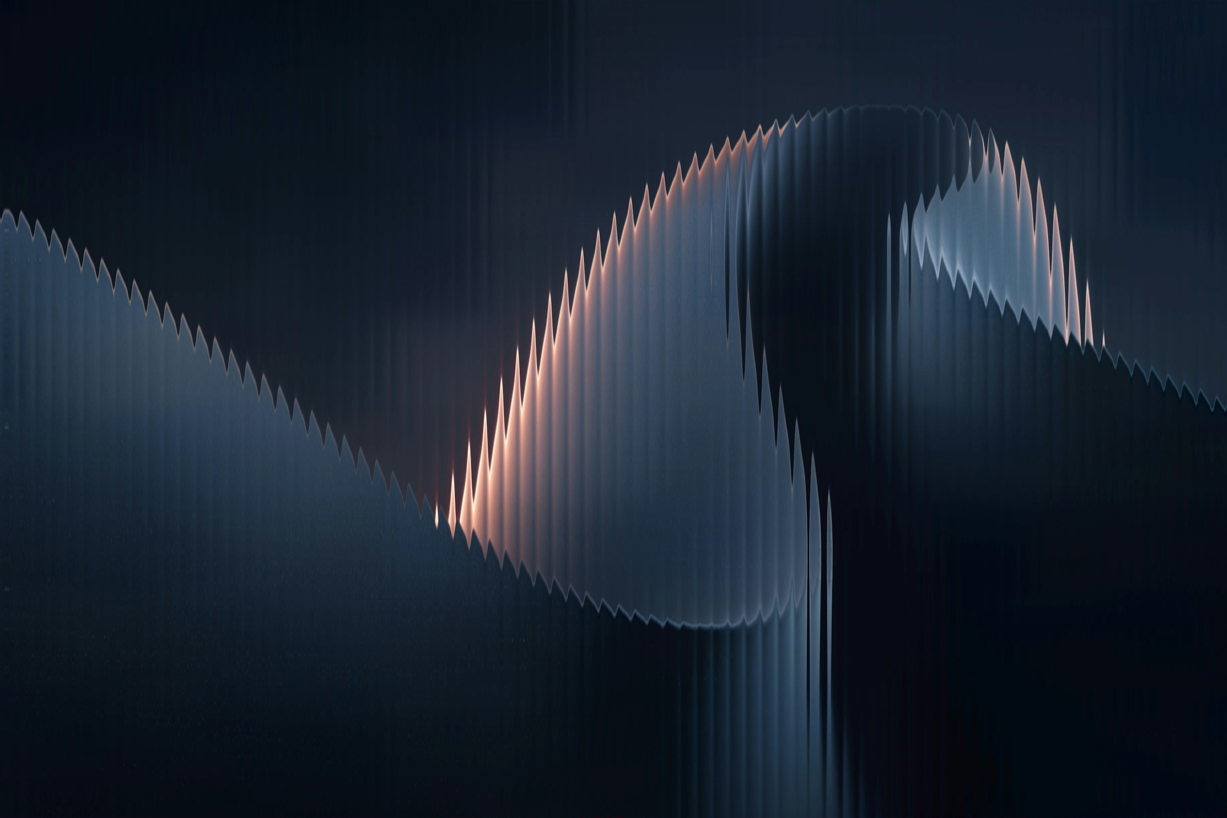 Abstract digital visualization of sound waves or waveform patterns in dark tones with light highlights, resembling a 3D wave or ripple effect.