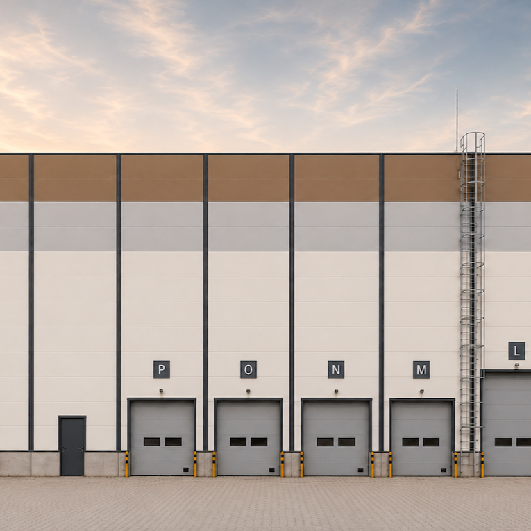 Warehouse exterior with five garage doors 