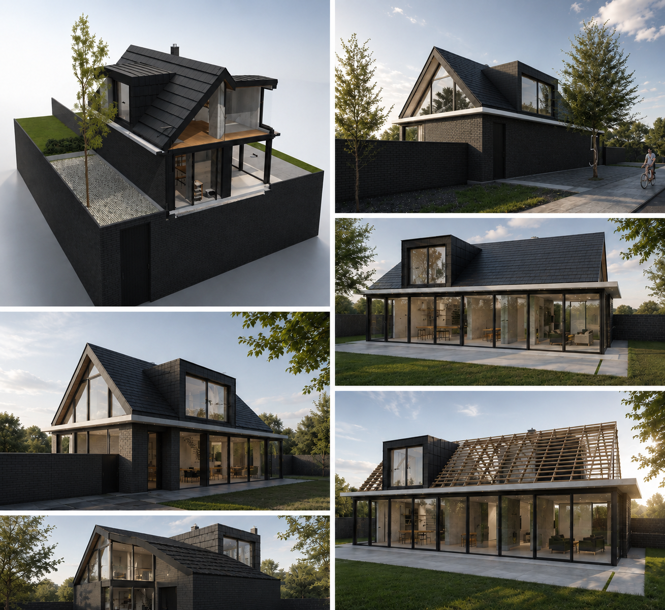 A collage of a modern house in different angles, showing various stages of construction with a brick exterior, large glass windows, and a gabled roof surrounded by trees.