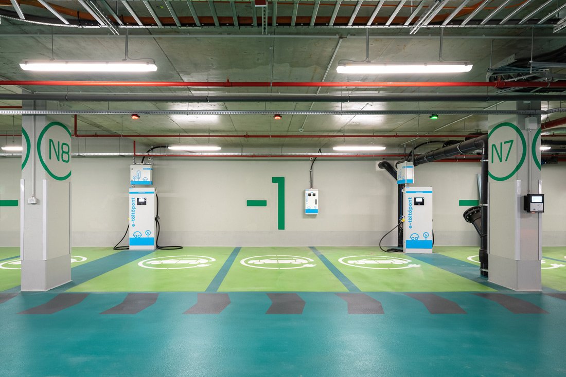 Empty parking garage with electric vehicle charging stations labeled N7 and N8, and a large green number 1 on the wall.