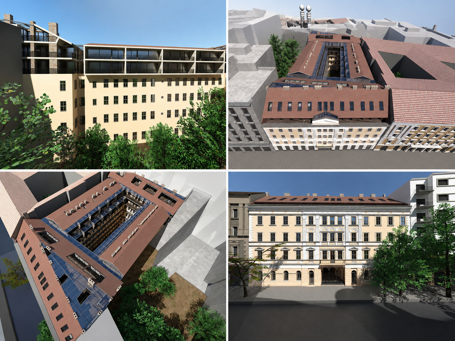 Three different architectural building designs including modern and classic styles, with views from above and street level, featuring rooftops, facades, and surrounding greenery.