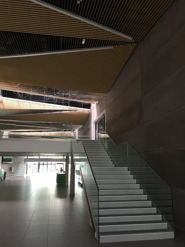 Interior of a modern building with stairs, large windows, and ceiling with wooden panels.
