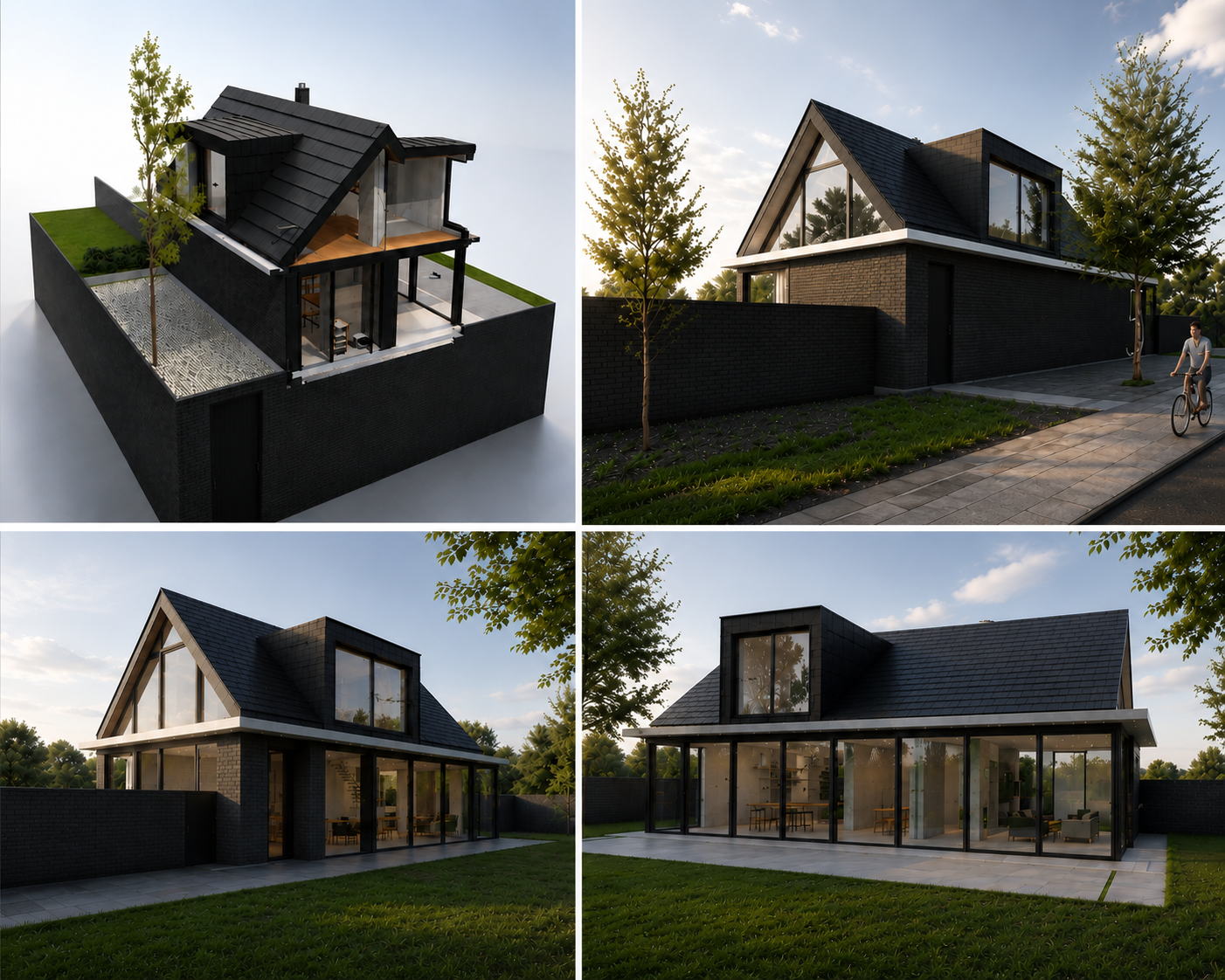Composite of four images showing different views of a modern black brick house with large glass windows and a sloped roof, surrounded by a neatly manicured lawn, trees, and a paved walkway. A person is riding a bicycle in the outdoor area.