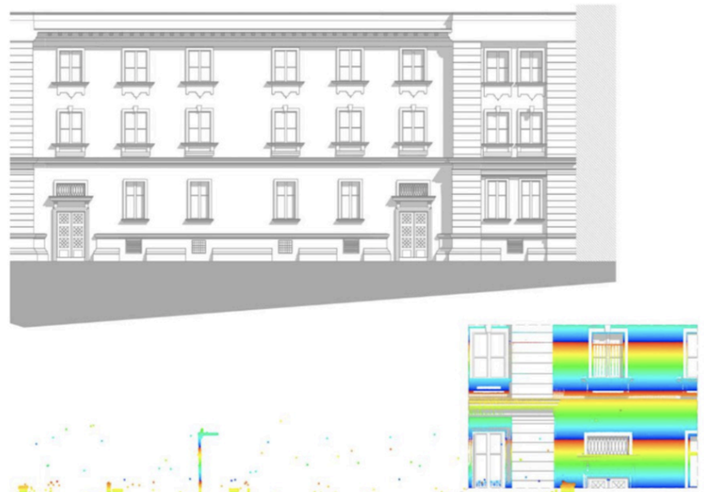 Architectural drawing of a historic building with multiple windows and decorative exterior details, 3d scan to 3d model