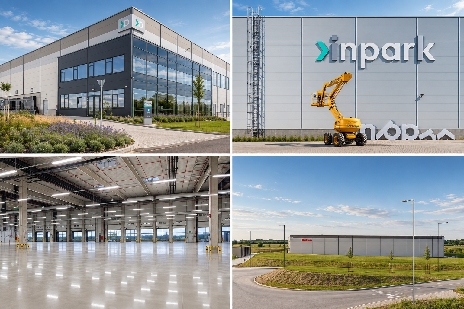 Collage of industrial buildings, a warehouse, and an empty loading dock area with a clear sky.