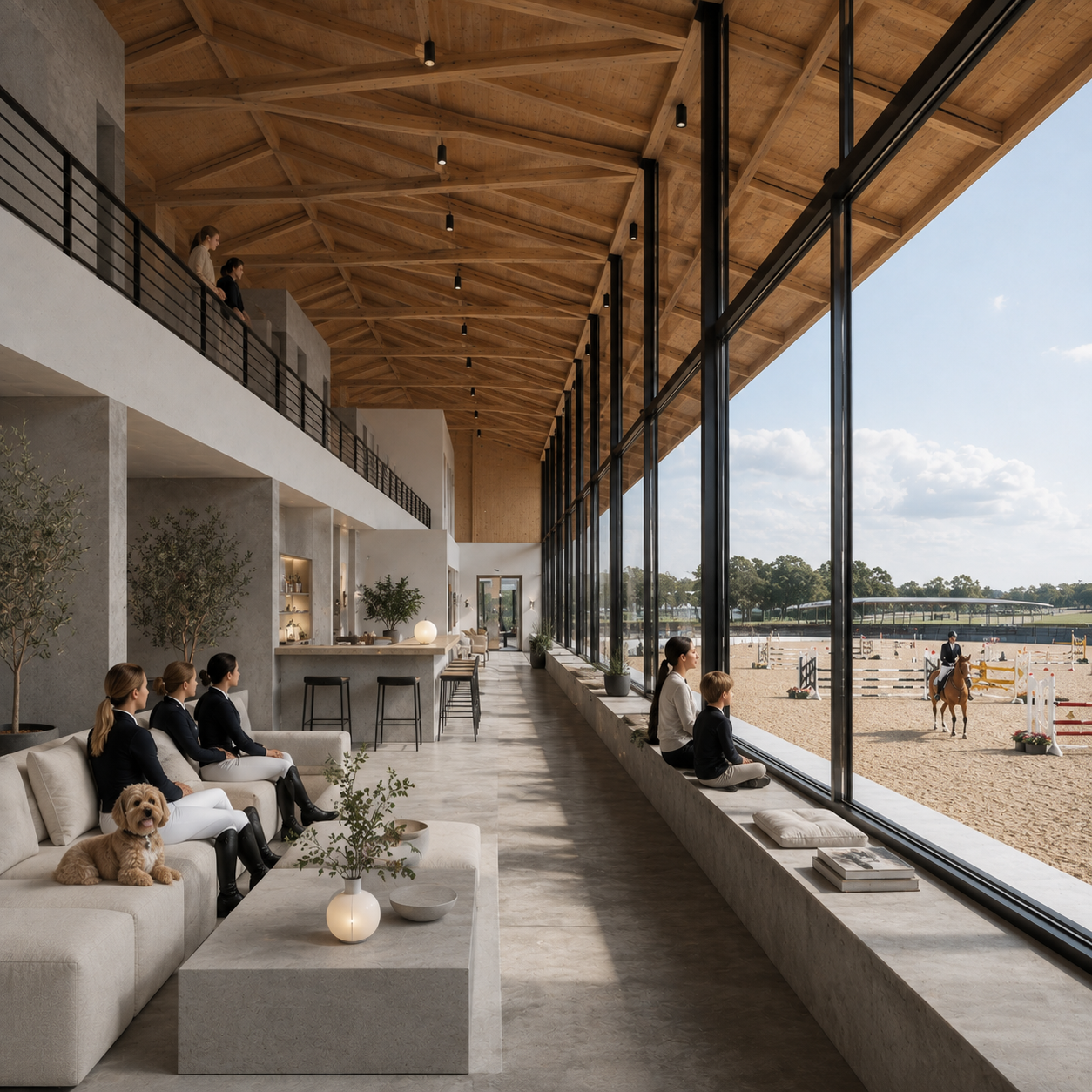 People wearing equestrian show attire seated inside at a horse jumping event viewing area with large glass windows overlooking an outdoor riding arena with a rider on a horse jumping over obstacles.