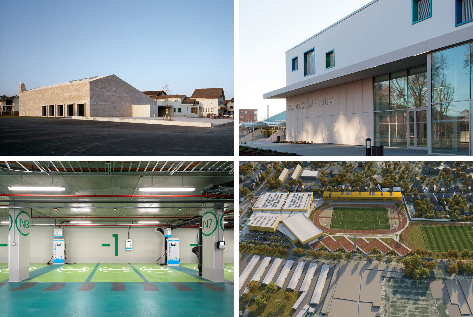 Collage of architectural and urban development images: top left shows a modern building with a sloped roof and a paved area, top right displays a contemporary building with large glass windows and the sign 'USZ OD A KOMPLEXUM', bottom left depicts an indoor electric vehicle charging station, and bottom right presents an aerial view of a sports complex with multiple fields and surrounding structures.
