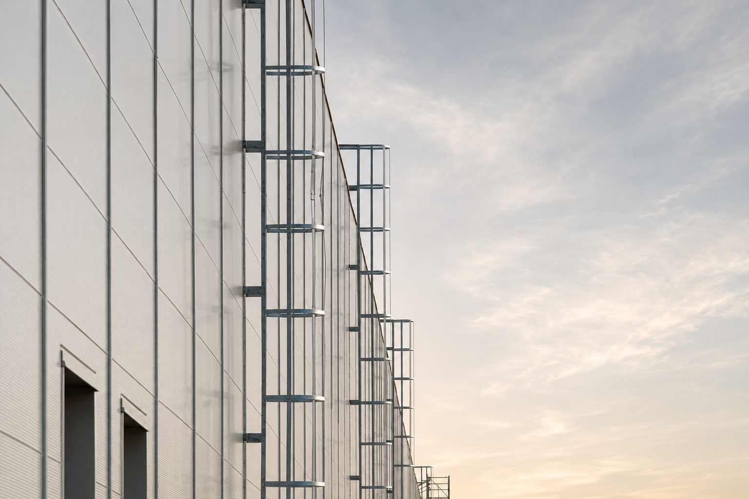 Side view of a modern industrial building's exterior wall with fire escape ladders attached, under a cloudy sky.