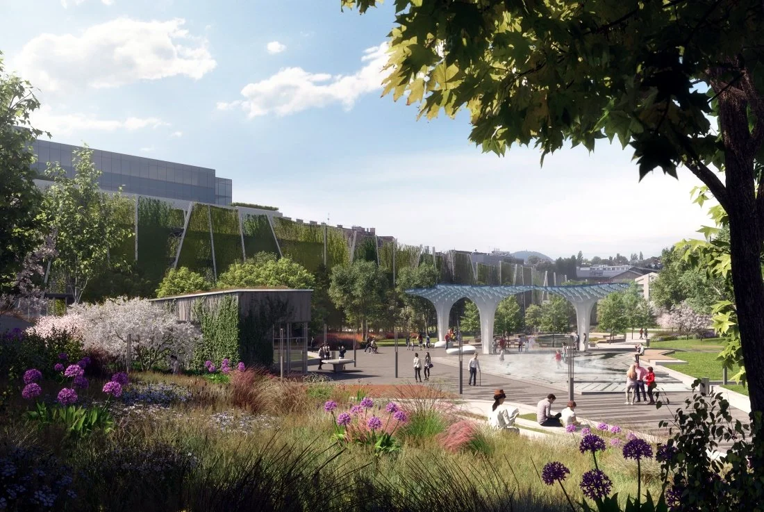 A vibrant city park with lush greenery, trees, flowering plants, and a modern pavilion, with people relaxing, walking, and socializing on a sunny day.