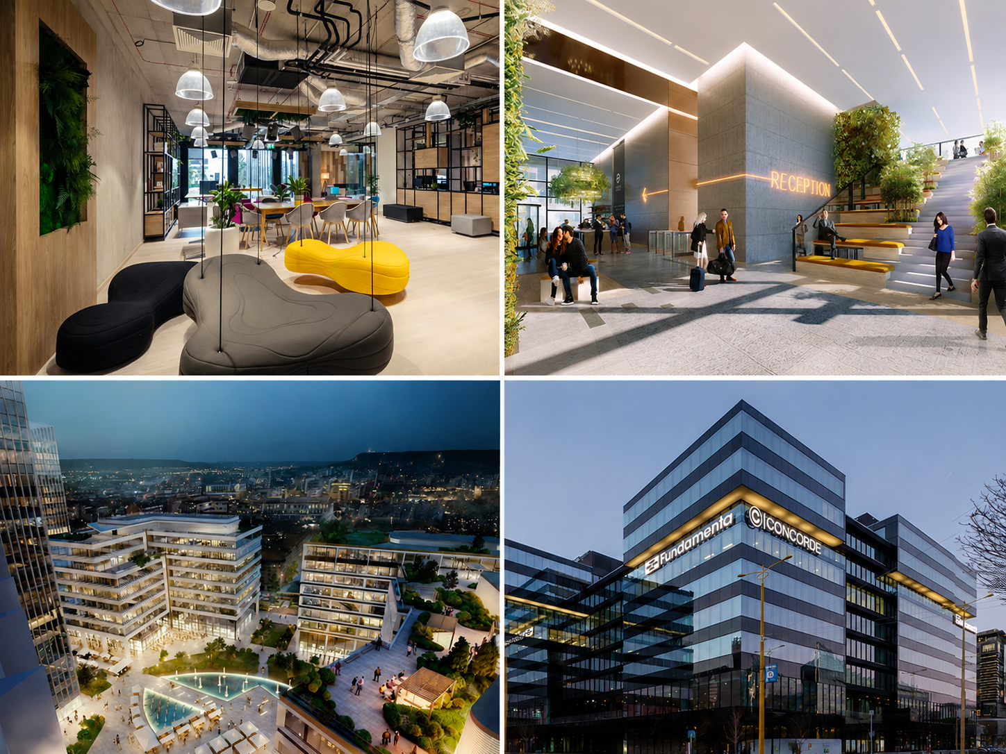 Top left: Modern office lobby with colorful seating, green wall, and open ceiling design. Top right: Airport reception area with people, stairs, greenery, and a neon sign. Bottom left: Aerial view of a cityscape with residential and commercial buildings, some with rooftop gardens. Bottom right: Exterior of a modern office building with glass façade and illuminated signs.