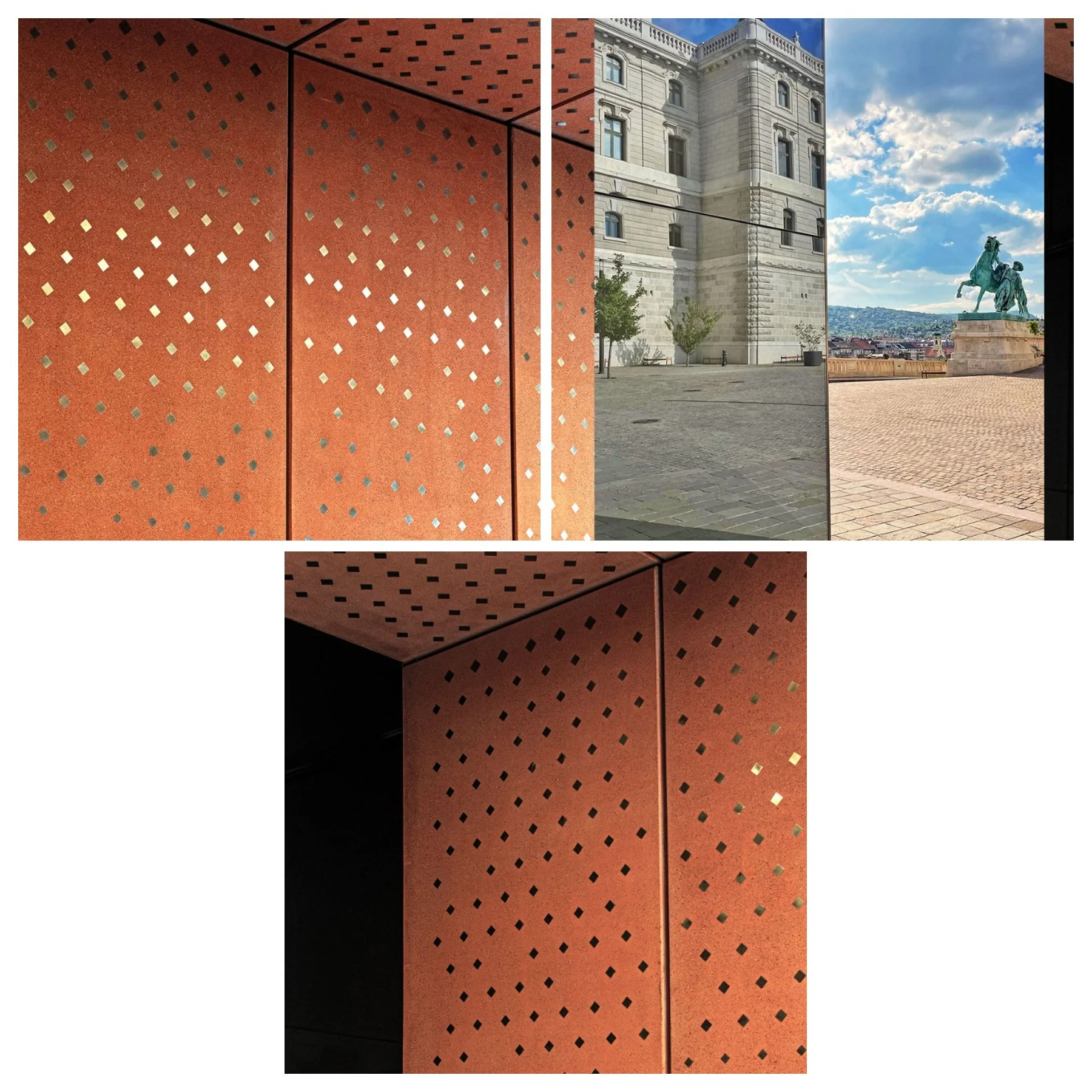 Modern architectural feature with a textured, terracott apanel with small details, contrasted with a historic cityscape featuring a stone building, trees, and a statue of a mounted rider overlooking the city. Csikós udvar lift burkolat
