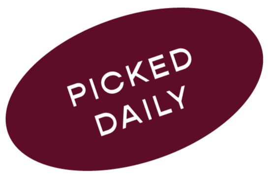 A maroon oval button with white text that says 'PICKED DAILY'.