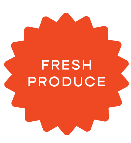 Red starburst sign with white text that reads 'FRESH PRODUCE'.