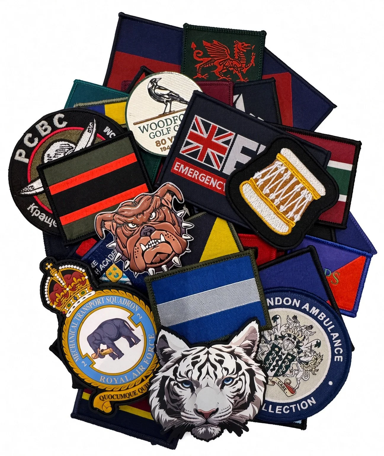 A collection of embroidered patches featuring various designs, symbols, flags, animals, and organizational logos.